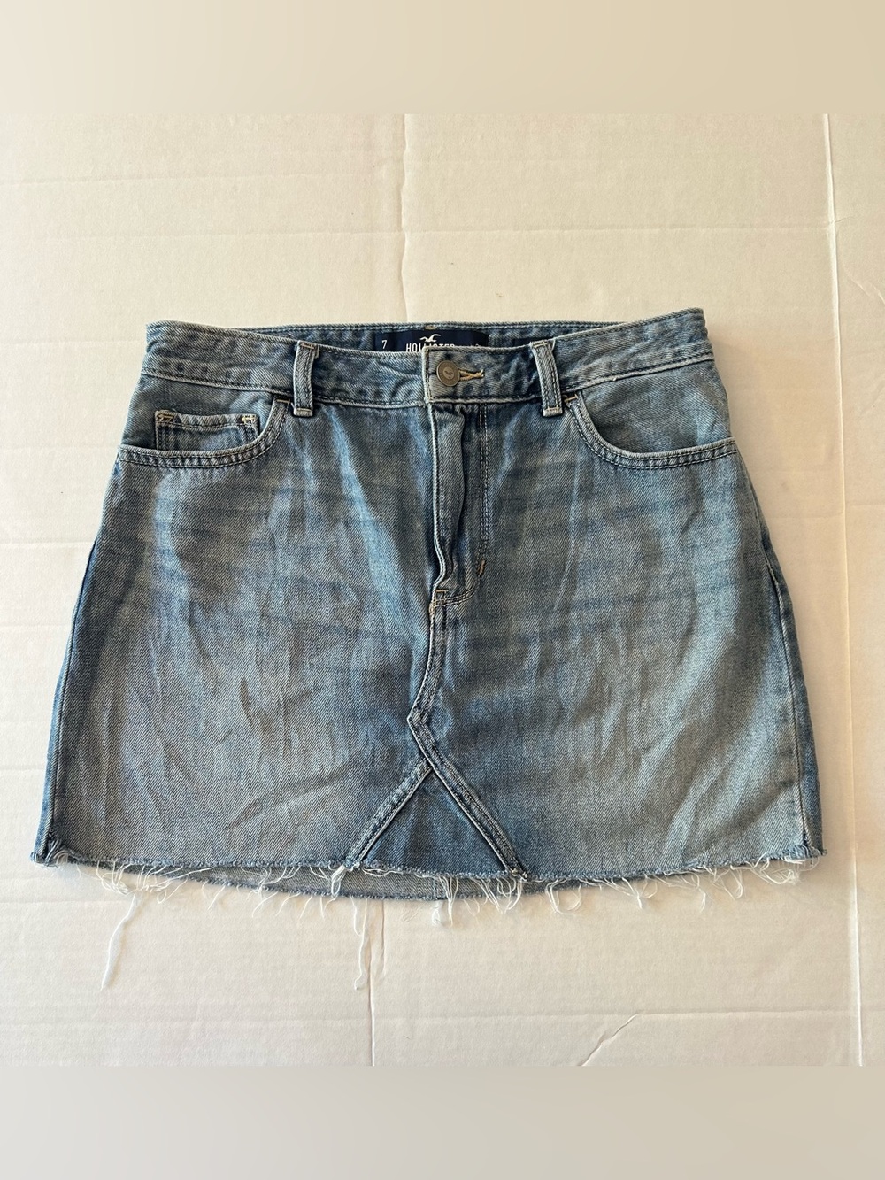 Hollister Faded Blue High Rise Denim Mini Skirt with Frayed Hem